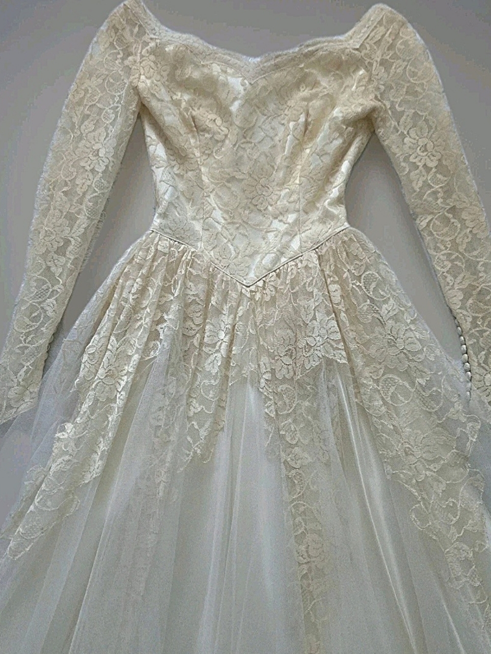 Vtg 50s Lace & Tulle Wedding Dress, Tea Length, 0/2, Romantic